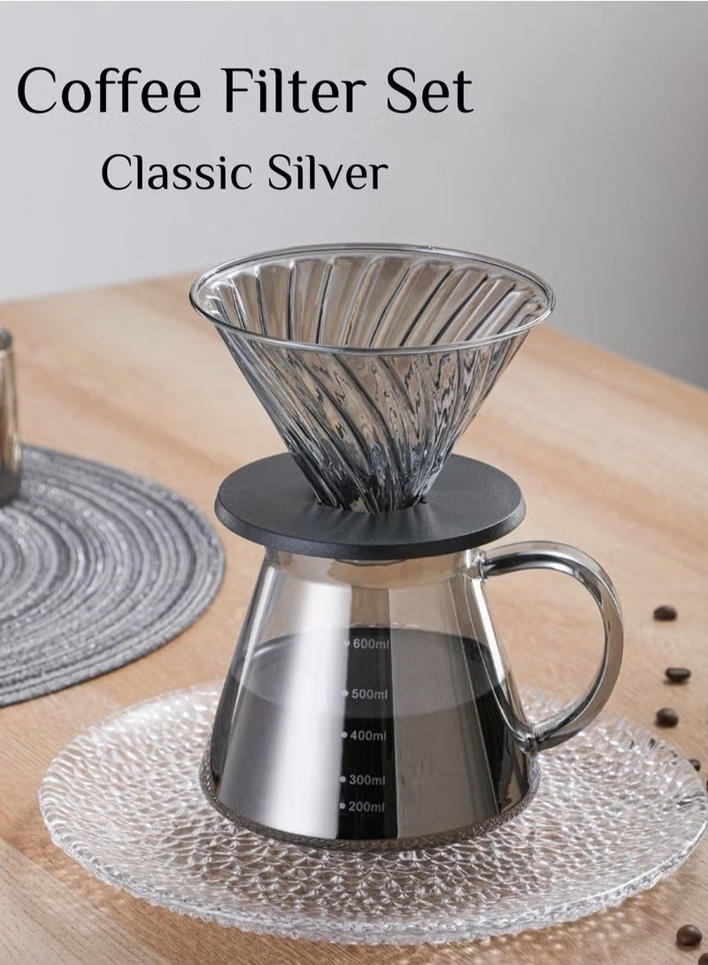 HOMESTAR V60 Coffee Dripper Set Pour Over Coffee Coffee Set Glass Coffee Maker 2 in 1 Pour Over Tea Set for Home for Office Glass Sliver 600ml - Image 2