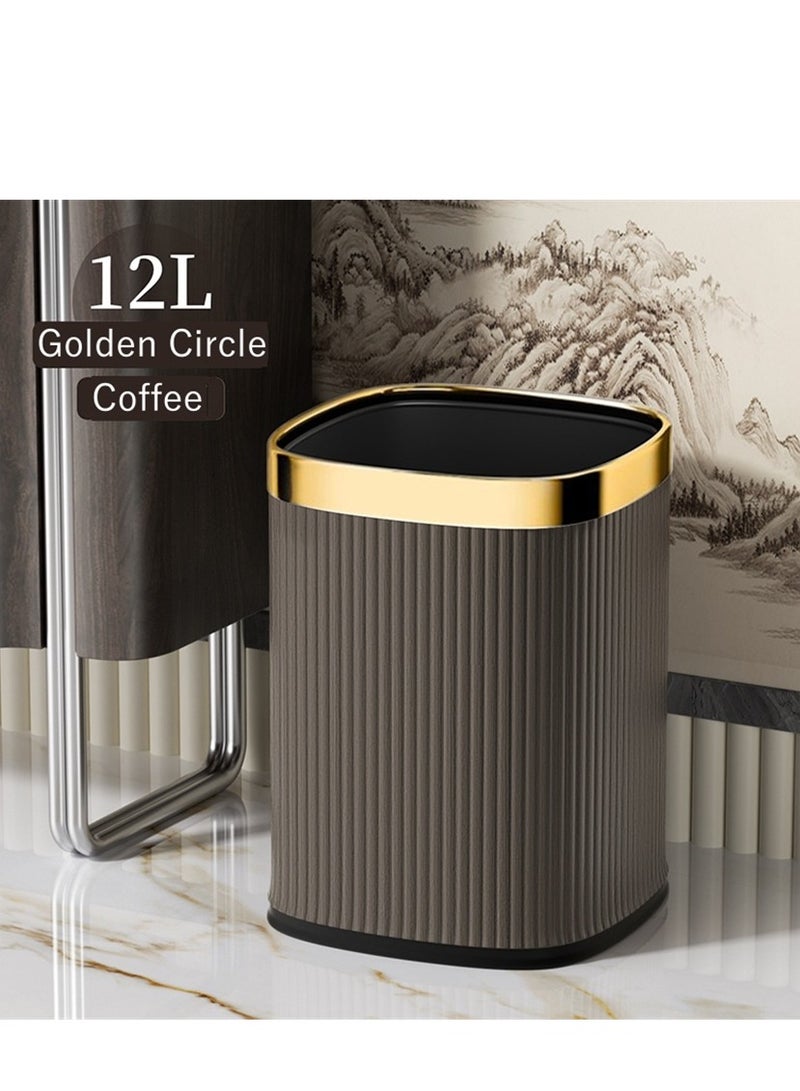 Home Trash Can, 12L Plastic Waste Bin with Leather Body Cover and Metal Circle, Square Kitchen Trash Bin Bathroom Wastebasket without Lid, for Home Office Kitchen and Dorm (Coffee-Golden)  - Image 1