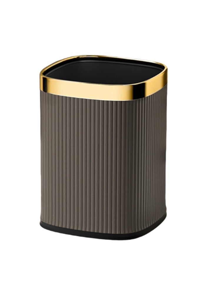 Home Trash Can, 12L Plastic Waste Bin with Leather Body Cover and Metal Circle, Square Kitchen Trash Bin Bathroom Wastebasket without Lid, for Home Office Kitchen and Dorm (Coffee-Golden)  - Image 2