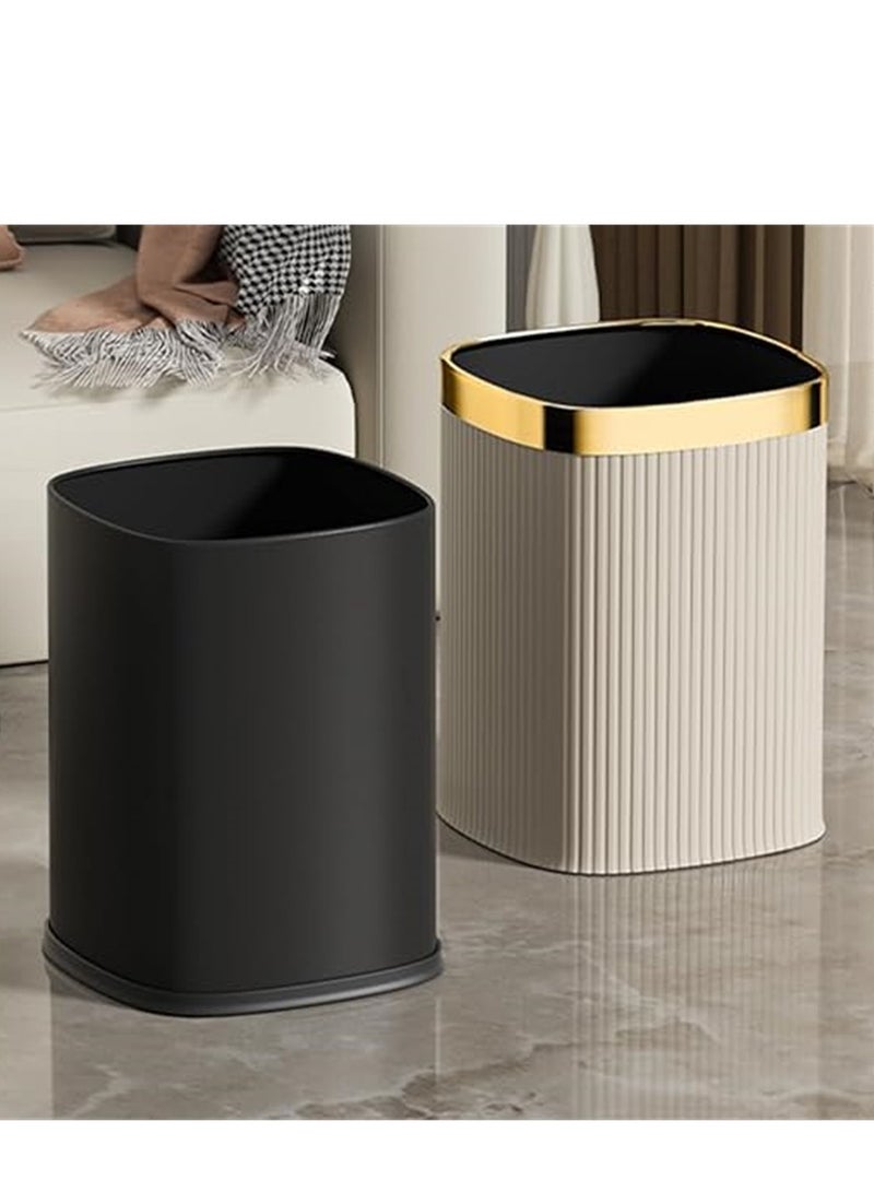 Home Trash Can, 12L Plastic Waste Bin with Leather Body Cover and Metal Circle, Square Kitchen Trash Bin Bathroom Wastebasket without Lid, for Home Office Kitchen and Dorm (Coffee-Golden)  - Image 3