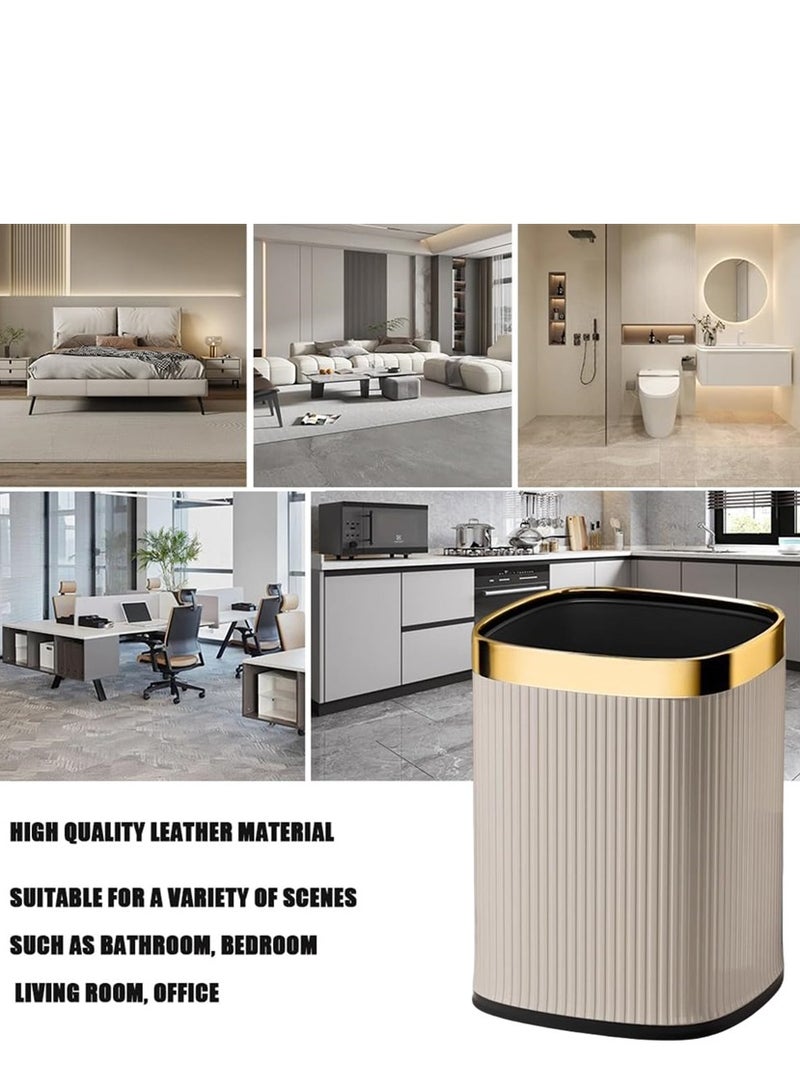 Home Trash Can, 12L Plastic Waste Bin with Leather Body Cover and Metal Circle, Square Kitchen Trash Bin Bathroom Wastebasket without Lid, for Home Office Kitchen and Dorm (Coffee-Golden)  - Image 4