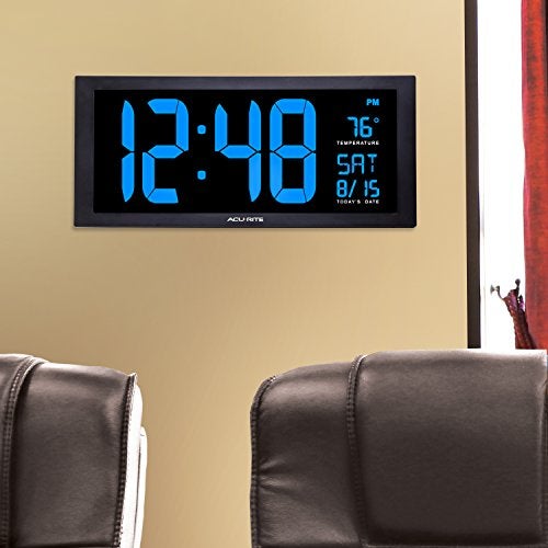 AcuRite 76100M Oversized LED Clock with Indoor Temperature, Date and Fold-Out Stand 18-Inch Blue - Image 4