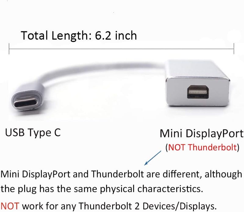 Amiroko USB-C to Mini DisplayPort Adapter, USB 3.1 Type C (Thunderbolt 3) to Mini DP Adapter 4K Compatible with Lenovo T470, MacBook Pro to LED Cinema Display/Dell Monitor, etc - Silver - Image 2