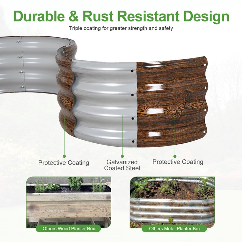 Permade Galvanized Raised Garden Bed- 2Pcs Metal Planter Boxes Outdoor | 12" Tall 24" Round Steel Raised Bed Kit & Fire Pit Ring for Gardening with Protective Tape for Vegetables (Wood Grain) - Image 3
