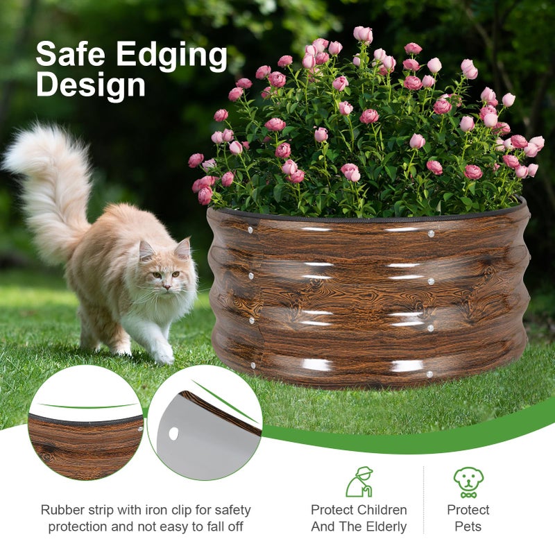 Permade Galvanized Raised Garden Bed- 2Pcs Metal Planter Boxes Outdoor | 12" Tall 24" Round Steel Raised Bed Kit & Fire Pit Ring for Gardening with Protective Tape for Vegetables (Wood Grain) - Image 2