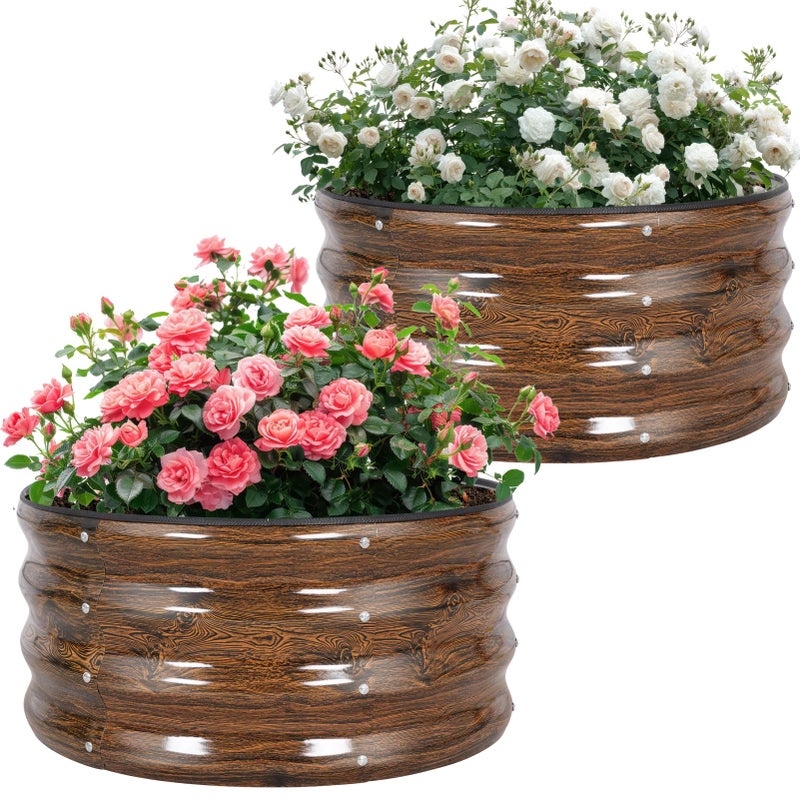 Permade Galvanized Raised Garden Bed- 2Pcs Metal Planter Boxes Outdoor | 12" Tall 24" Round Steel Raised Bed Kit & Fire Pit Ring for Gardening with Protective Tape for Vegetables (Wood Grain) - Image 1
