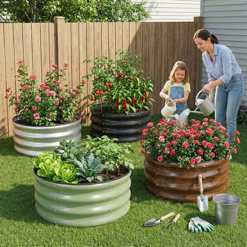 Permade Galvanized Raised Garden Bed- 2Pcs Metal Planter Boxes Outdoor | 12" Tall 24" Round Steel Raised Bed Kit & Fire Pit Ring for Gardening with Protective Tape for Vegetables (Wood Grain) - Image 5