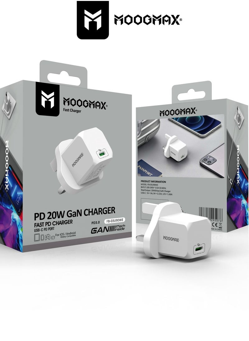 MOOGMAX - Adapter charger with PD (Type-C) port, supports very fast charging 20W - with GaN tech, which makes it 3 times faster - suitable for Apple, Samsung, Nintendo Switch, & other devices - White - Image 1