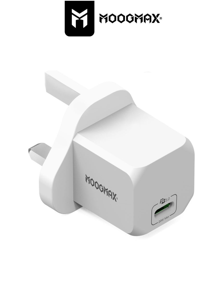MOOGMAX - Adapter charger with PD (Type-C) port, supports very fast charging 20W - with GaN tech, which makes it 3 times faster - suitable for Apple, Samsung, Nintendo Switch, & other devices - White - Image 1
