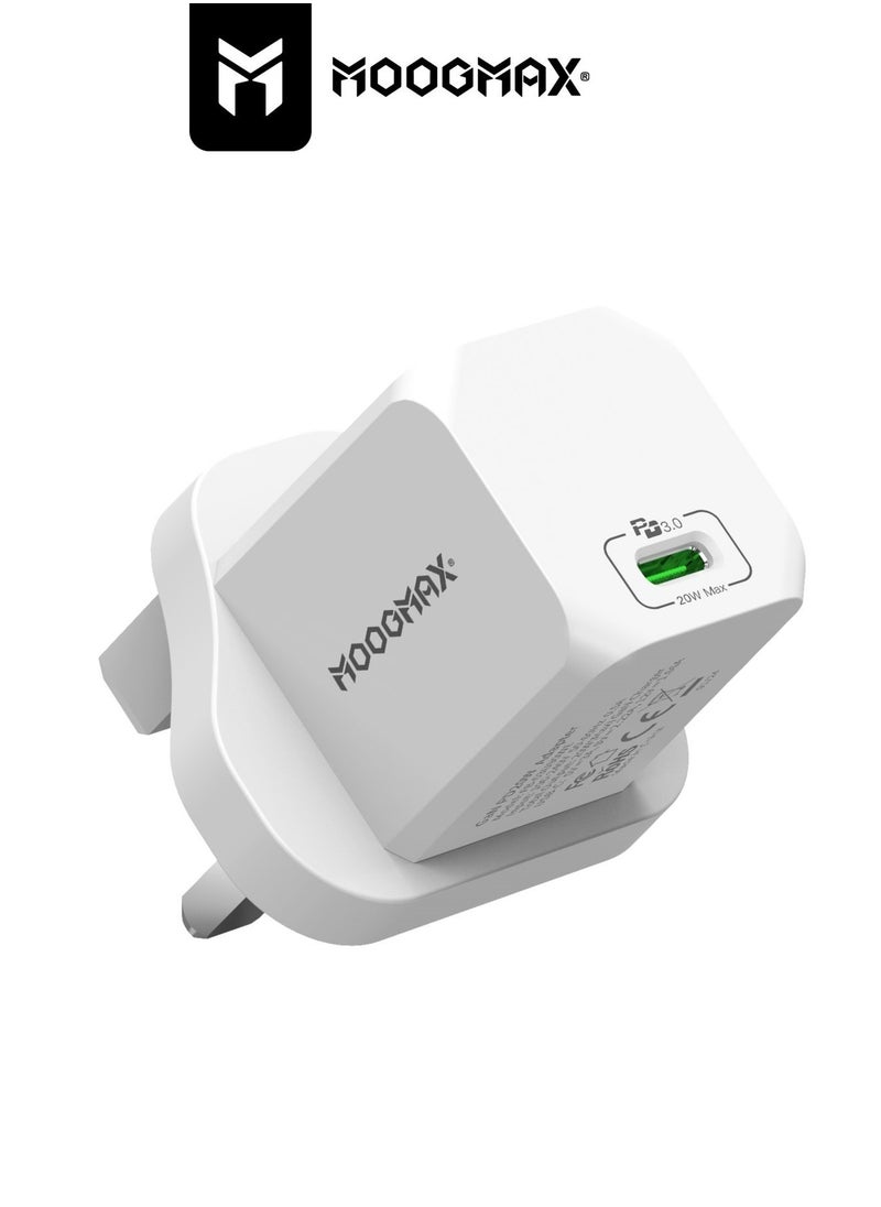 MOOGMAX - Adapter charger with PD (Type-C) port, supports very fast charging 20W - with GaN tech, which makes it 3 times faster - suitable for Apple, Samsung, Nintendo Switch, & other devices - White - Image 1