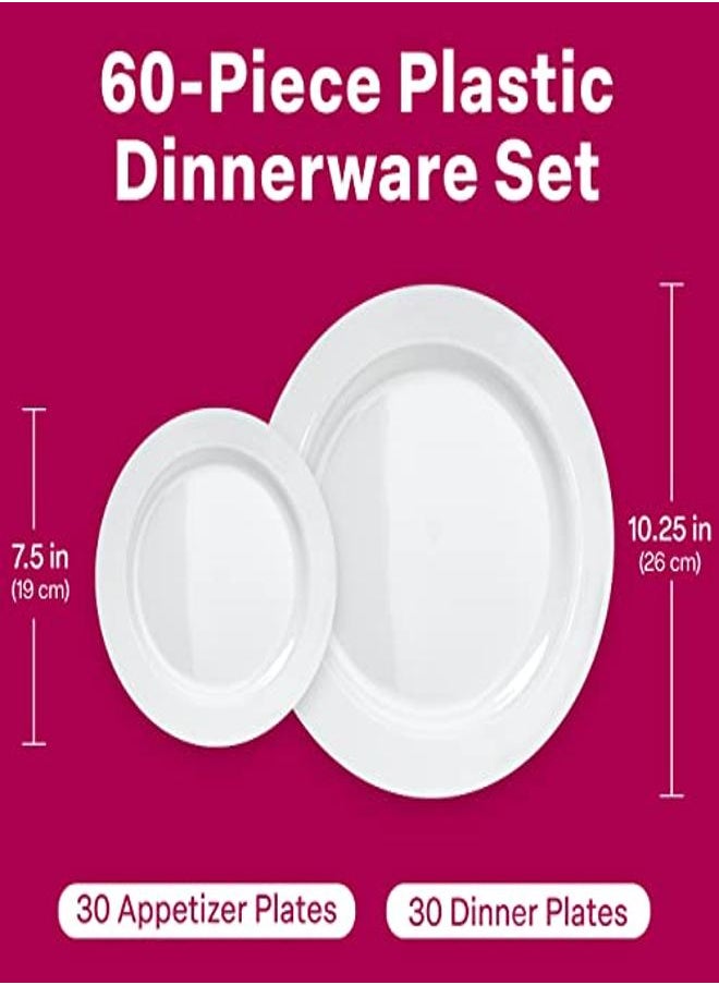 Prestee 60 White Plastic Plates Disposable Heavy Duty for Party - 30 Dinner Plates 10-Inch and 30 Salad Dessert Appetizer Plates 8-Inch Hard Party Plate Elegant Holiday Parties White Plates