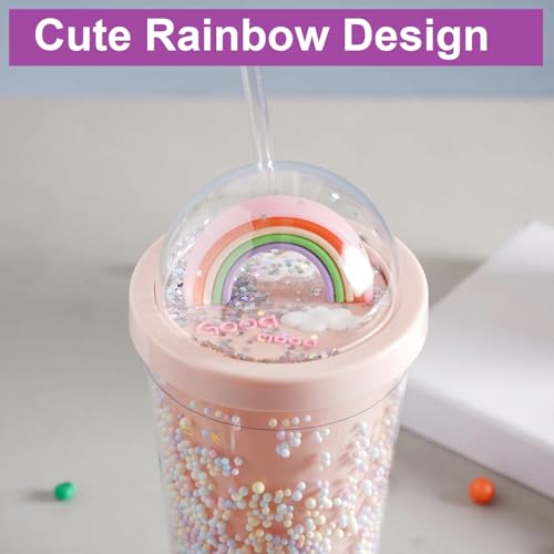 IKTU 550ml Sipper Double Wall Rainbow Water Bottle For Girls Shiny Glitter Tumbler | For Girls & Boys, School & Coaching | Gift For Kids, Plastic (Pack of 1) (Pink) - Image 3