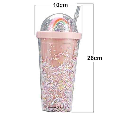 IKTU 550ml Sipper Double Wall Rainbow Water Bottle For Girls Shiny Glitter Tumbler | For Girls & Boys, School & Coaching | Gift For Kids, Plastic (Pack of 1) (Pink) - Image 4