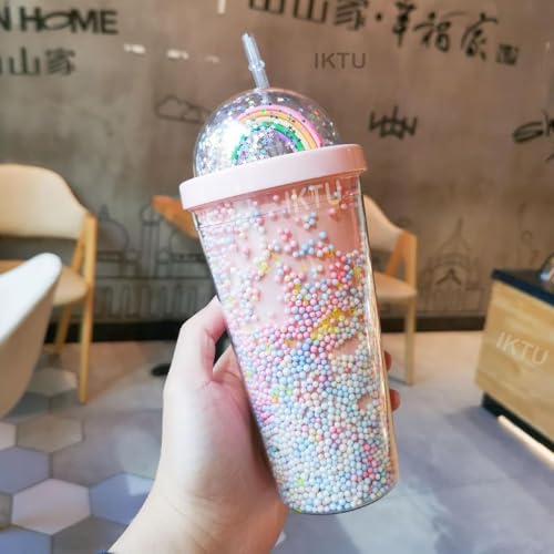 IKTU 550ml Sipper Double Wall Rainbow Water Bottle For Girls Shiny Glitter Tumbler | For Girls & Boys, School & Coaching | Gift For Kids, Plastic (Pack of 1) (Pink) - Image 1