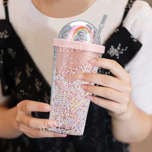 IKTU 550ml Sipper Double Wall Rainbow Water Bottle For Girls Shiny Glitter Tumbler | For Girls & Boys, School & Coaching | Gift For Kids, Plastic (Pack of 1) (Pink) - Image 2