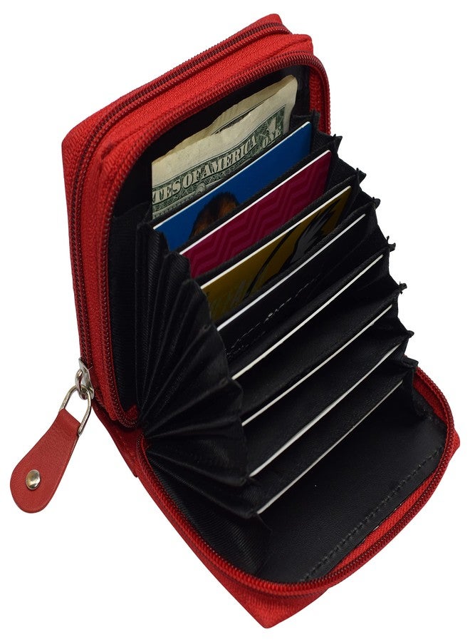 MARSHAL Genuine Leather Credit Card Holder Wallet Accordion Double Zipper with Id window (Red) - Image 3