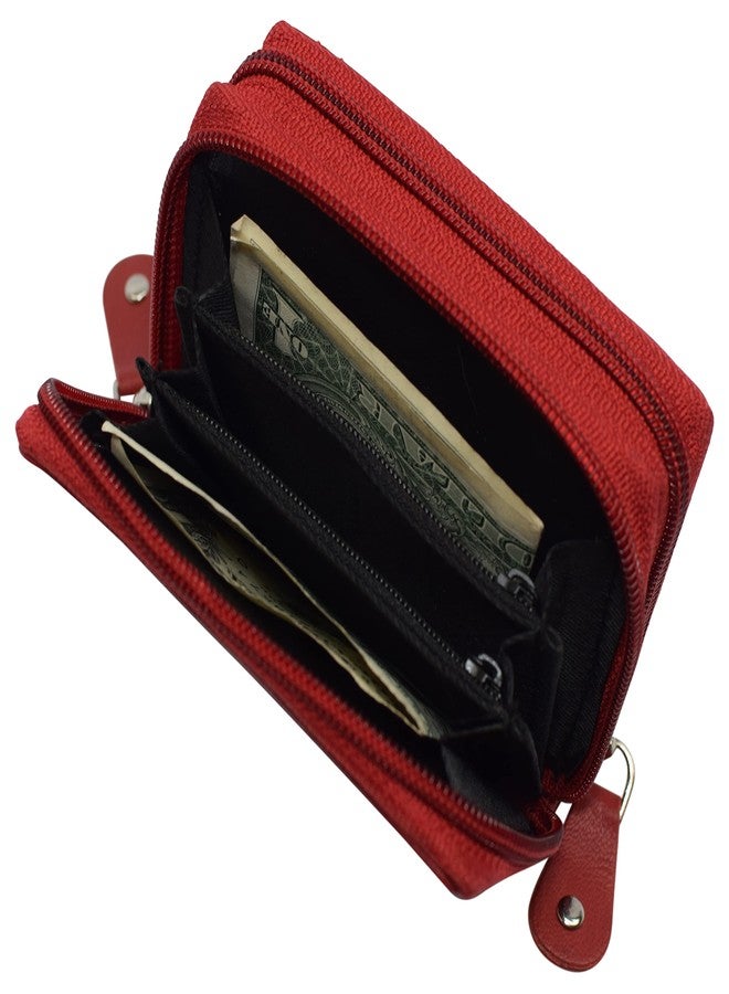 MARSHAL Genuine Leather Credit Card Holder Wallet Accordion Double Zipper with Id window (Red) - Image 5