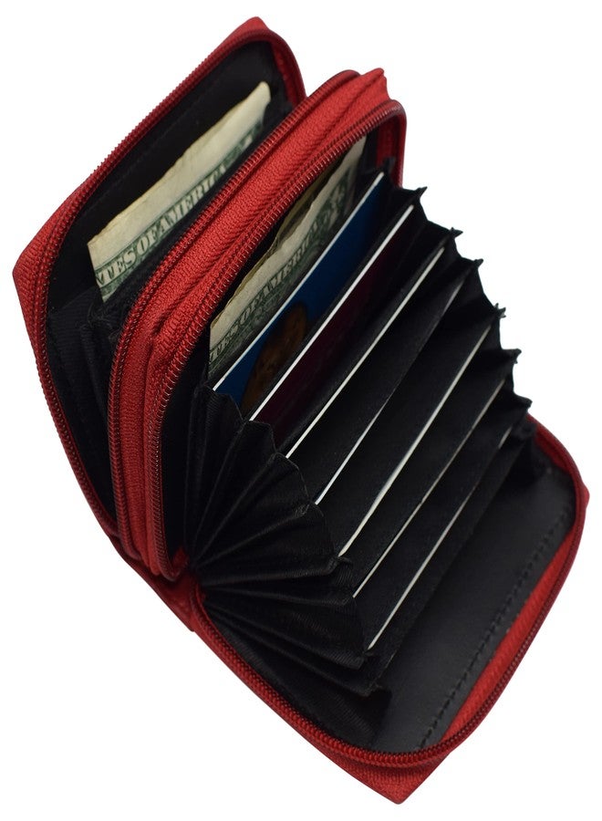 MARSHAL Genuine Leather Credit Card Holder Wallet Accordion Double Zipper with Id window (Red) - Image 2