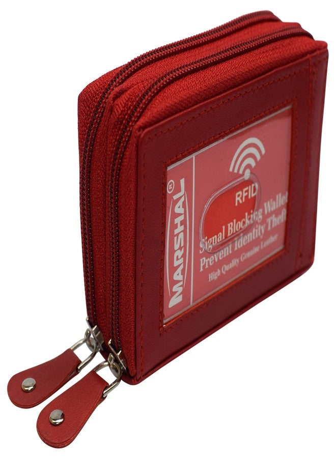 MARSHAL Genuine Leather Credit Card Holder Wallet Accordion Double Zipper with Id window (Red) - Image 1
