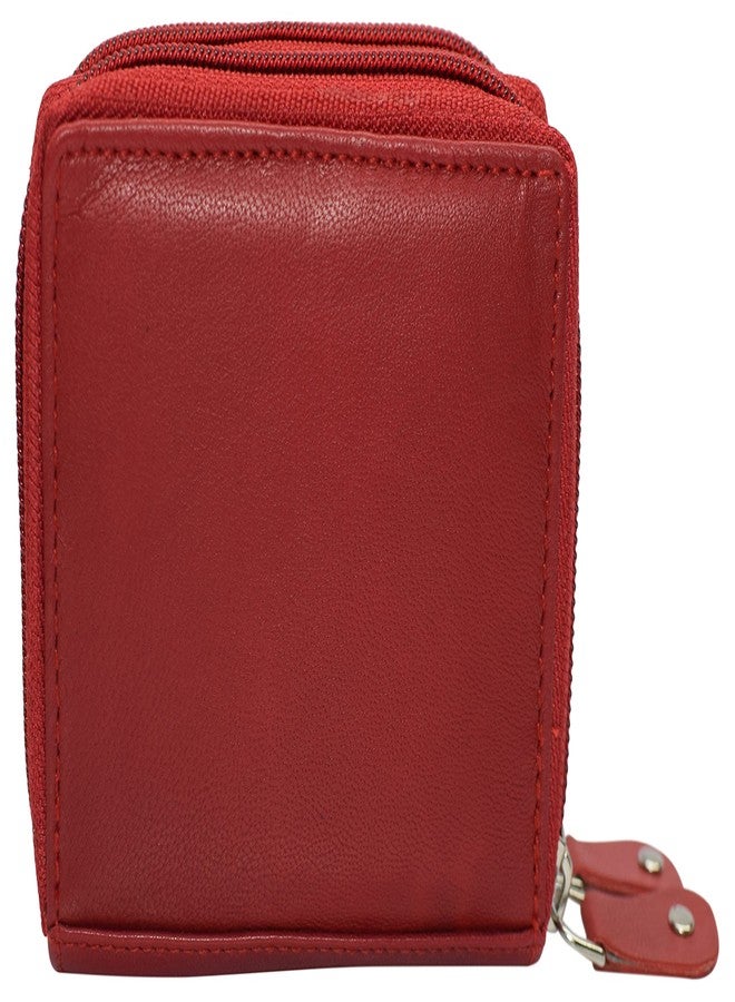 MARSHAL Genuine Leather Credit Card Holder Wallet Accordion Double Zipper with Id window (Red) - Image 4