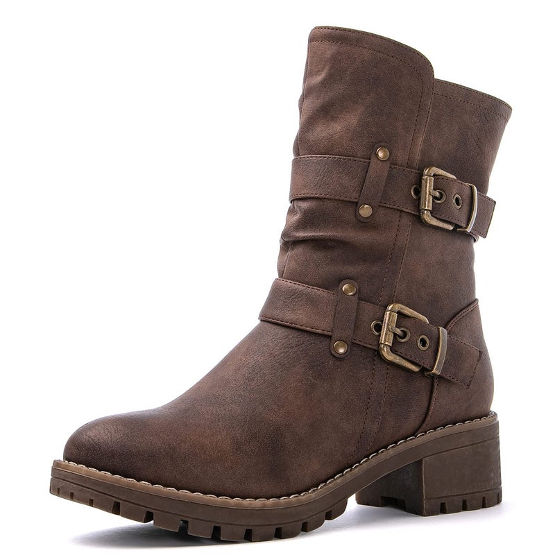GLOBALWIN Fashion Ankle Boots For Women Brown Biker Boots Low Heel Motorcycle Boots Size 10M - Image 1