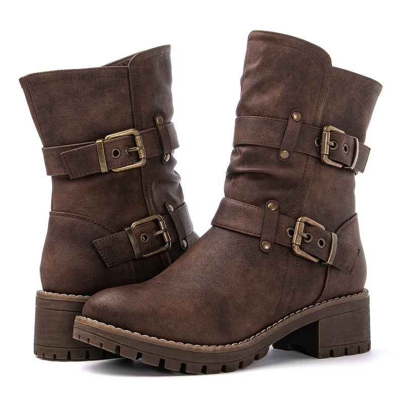 GLOBALWIN Fashion Ankle Boots For Women Brown Biker Boots Low Heel Motorcycle Boots Size 10M - Image 3