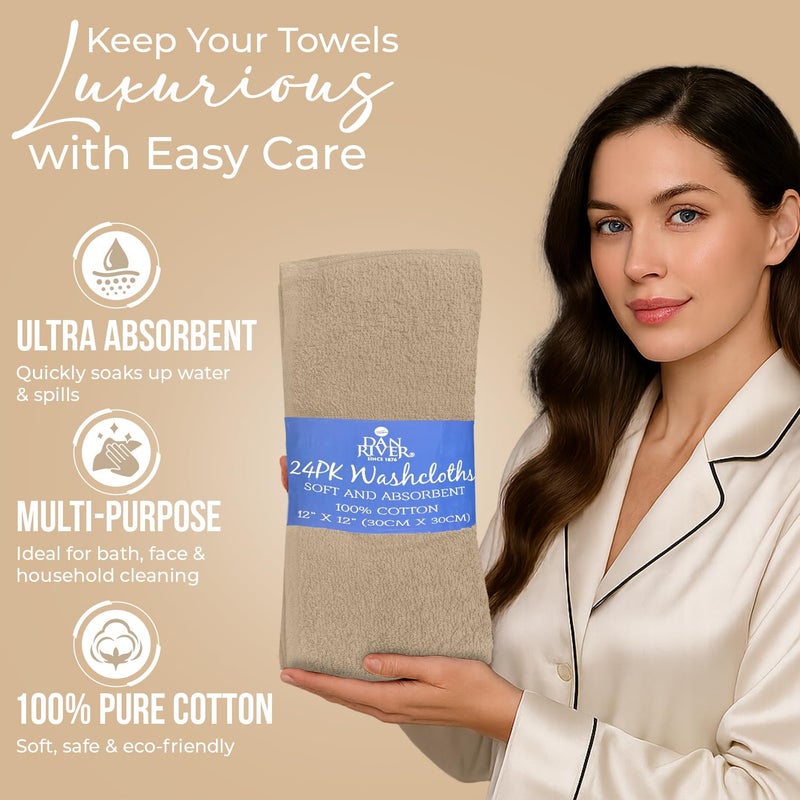 DAN RIVER 24 Pack Wash Cloths for Showering [12x12] - 100% Cotton Washcloths Premium Quality Flannel Face Cloths for Bathroom, Highly Absorbent and Soft Feel Wash Clothes, Tan - Image 4