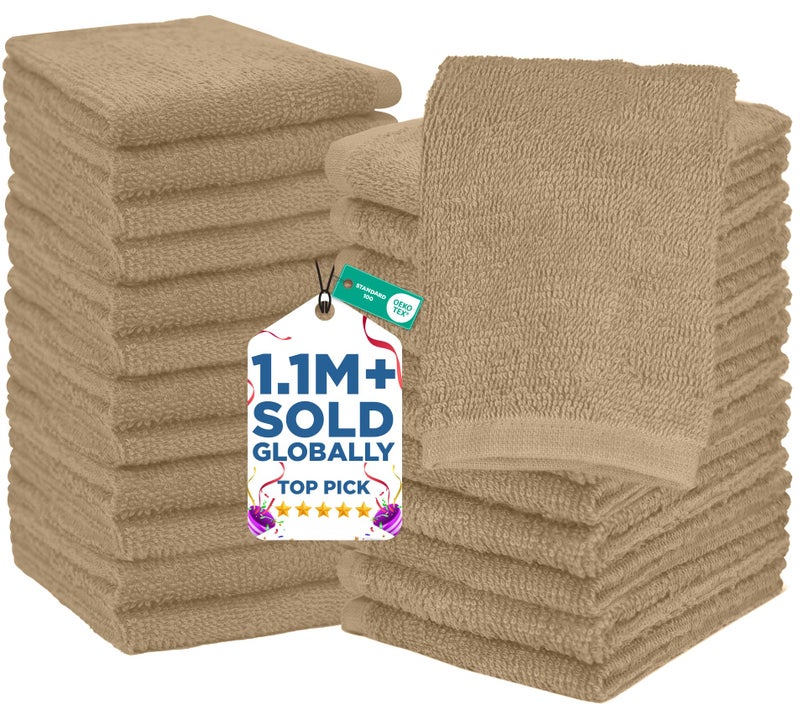 DAN RIVER 24 Pack Wash Cloths for Showering [12x12] - 100% Cotton Washcloths Premium Quality Flannel Face Cloths for Bathroom, Highly Absorbent and Soft Feel Wash Clothes, Tan - Image 1