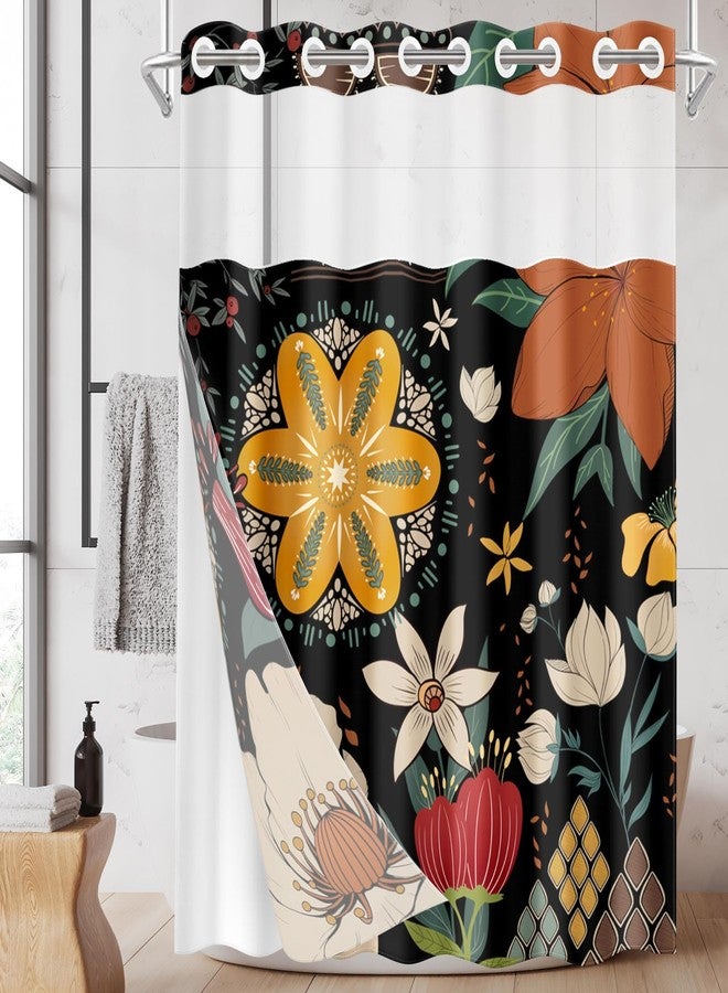 Nesphy No Hook Boho Floral Shower Curtain with Snap in Fabric Liner Set, Modern Colorful Flower Double Layers Waterproof Fabric with See Through Top Window Open Grommet Bath Curtain 71x74 Inch - Image 1