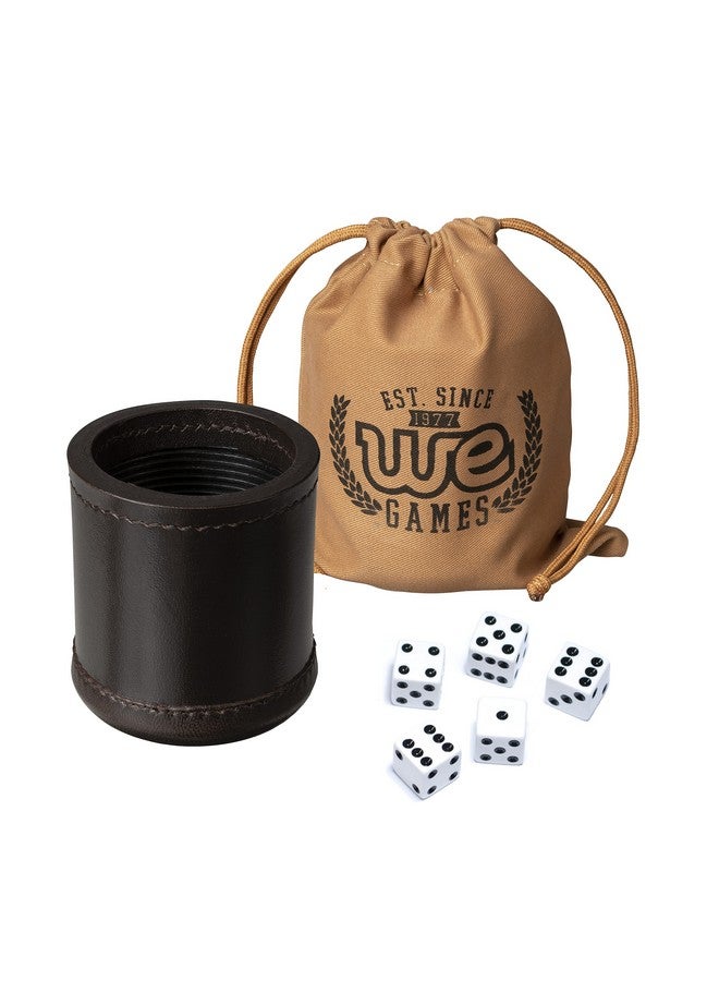WE Games WE Games Professional, Handmade Dark Brown Leather Dice Cup Set - 5 Dice & Cloth Carry Bag - Image 1