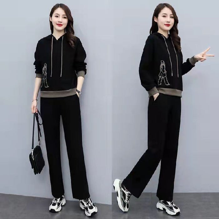 2023 autumn and winter New Fashion casual sports sweater two-piece suit Western style age-reducing thin suit womens cross-border Black - Image 1