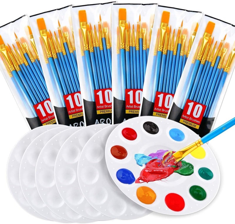 AROIC Painting Brush Palette Set, with 6 Packs of 60 Brushes and 6 Palettes,Nylon Brush Head, Suitable for Oil Watercolor, etc., Perfect Art Painting Set. - Image 1