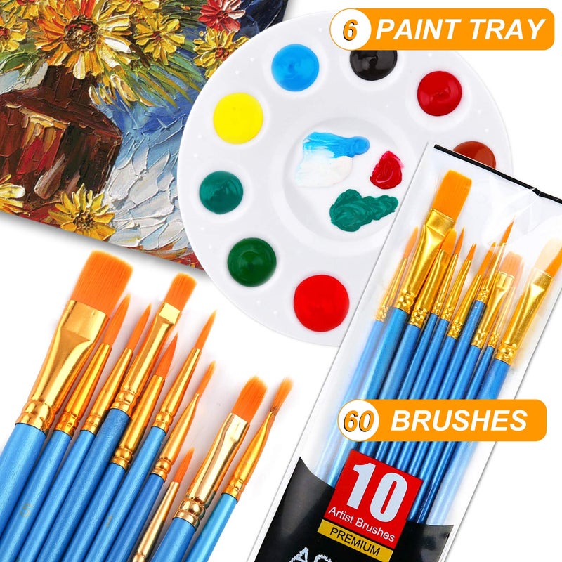 AROIC Painting Brush Palette Set, with 6 Packs of 60 Brushes and 6 Palettes,Nylon Brush Head, Suitable for Oil Watercolor, etc., Perfect Art Painting Set. - Image 2