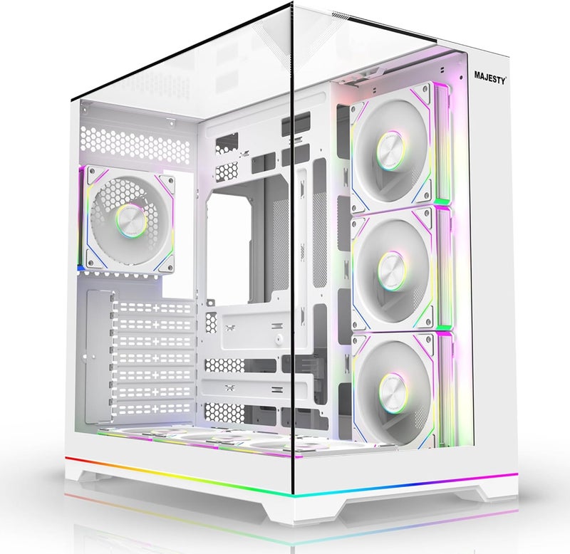 Majesty X Space Plus Mid-Tower PC Case | 7 x 120mm Infinity ARGB Fans | ATX Support | 360mm Water Cooler Support | Type-C & 2x USB 3.0 Ports | Back-Connect Design | RGB Ambient Lighting | White ماجستي إكس سبيس بلس صندوق كمبيوتر منتصف البرج | 7 مراوح إنفينيتي ARGB مقاس 120 مم | دعم ATX | دعم مبرد مائي 360 مم | منفذ Type-C ومنفذي USB 3.0 | تصميم توصيل خلفي | إضاءة RGB محيطة | أبيض - Image 1