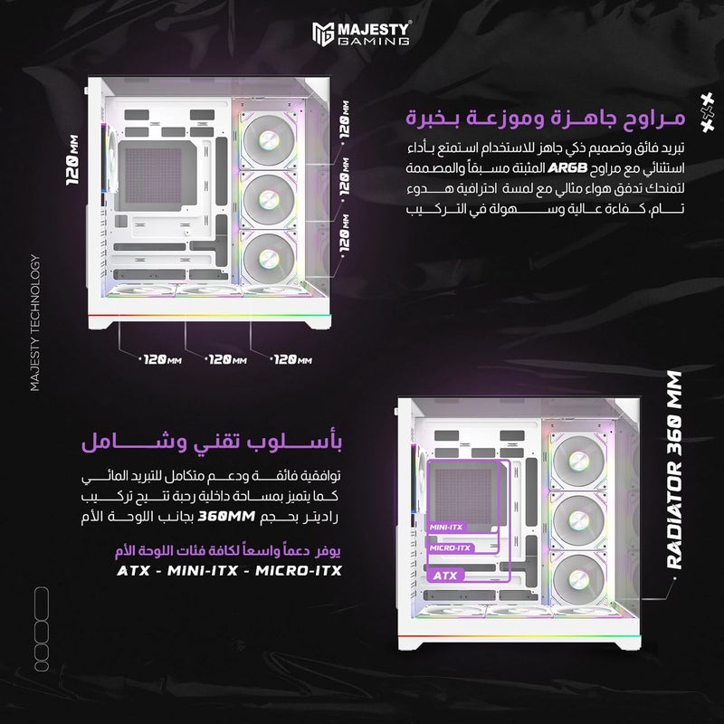 Majesty X Space Plus Mid-Tower PC Case | 7 x 120mm Infinity ARGB Fans | ATX Support | 360mm Water Cooler Support | Type-C & 2x USB 3.0 Ports | Back-Connect Design | RGB Ambient Lighting | White ماجستي إكس سبيس بلس صندوق كمبيوتر منتصف البرج | 7 مراوح إنفينيتي ARGB مقاس 120 مم | دعم ATX | دعم مبرد مائي 360 مم | منفذ Type-C ومنفذي USB 3.0 | تصميم توصيل خلفي | إضاءة RGB محيطة | أبيض - Image 3