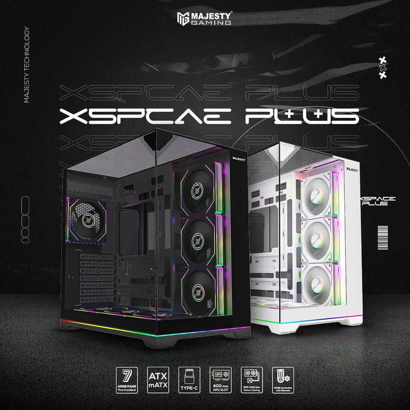 Majesty X Space Plus Mid-Tower PC Case | 7 x 120mm Infinity ARGB Fans | ATX Support | 360mm Water Cooler Support | Type-C & 2x USB 3.0 Ports | Back-Connect Design | RGB Ambient Lighting | White ماجستي إكس سبيس بلس صندوق كمبيوتر منتصف البرج | 7 مراوح إنفينيتي ARGB مقاس 120 مم | دعم ATX | دعم مبرد مائي 360 مم | منفذ Type-C ومنفذي USB 3.0 | تصميم توصيل خلفي | إضاءة RGB محيطة | أبيض - Image 2