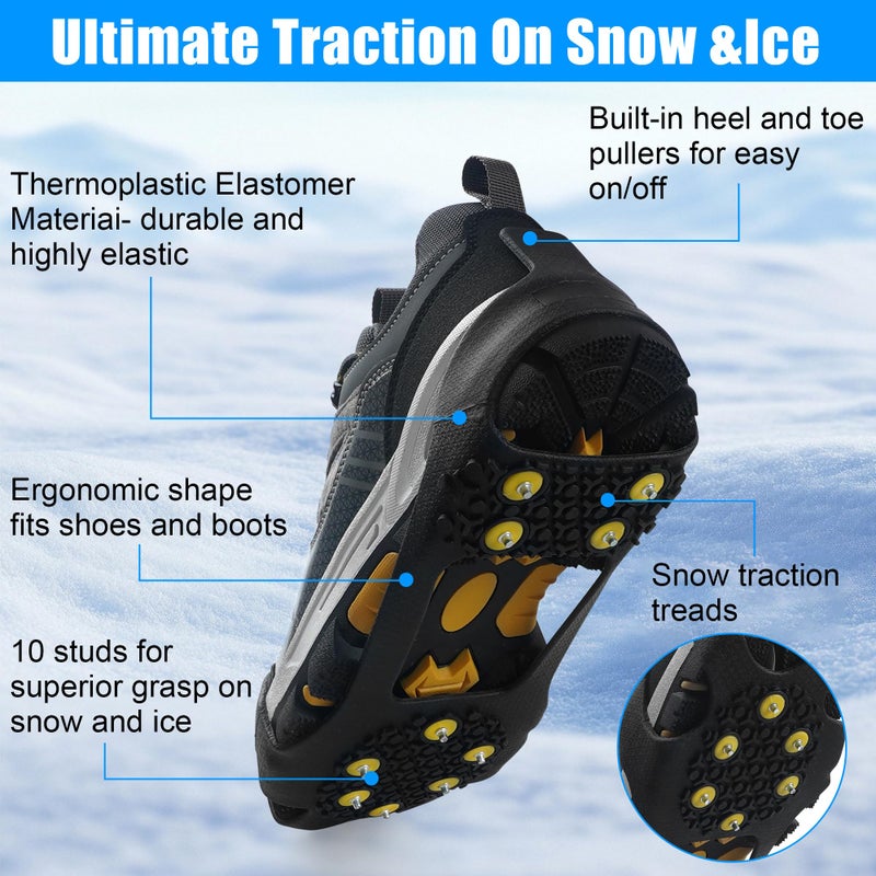VATEICO Ice Snow Cleats for Shoes Boots Non Slip Ice Cleats Overshoe for Walking on Snow and Ice Rubber Crampons with 10-Stud Ice Rubber Cleats Slip-on Stretch Footwear (Large(7-9.5 Men/8.5-11 Women)) - Image 2