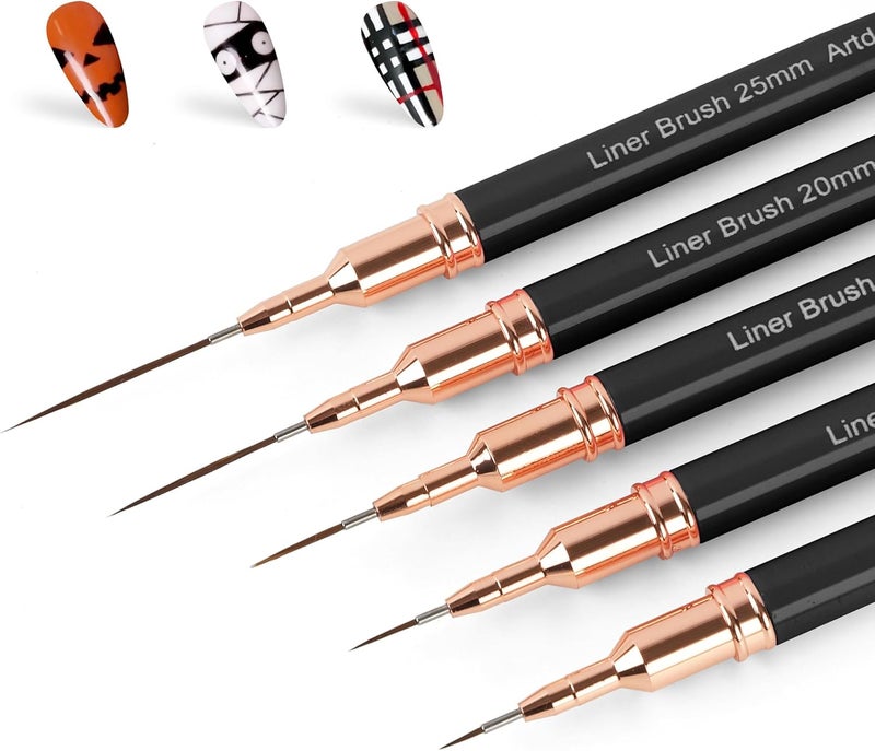 Artdone Nail Art Pens, Liner Brushes Set, 5PCS Black Color Nail Tools For Long Lines, Thin Details, Fine Drawing, Liner Brush UV Gel Polish Painting Nail Design Sizes 5/8/12/20/25mm - Image 1