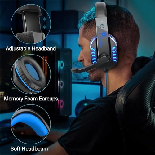 PunnkFunnk VenomHunt Gaming Headset Multi-Platform Compatible with PS4, Xbox One, PC, Nintendo Switch, Mobile, 50mm Surround Sound, Noise-Canceling Mic, LED Lights(Blue) - Image 5