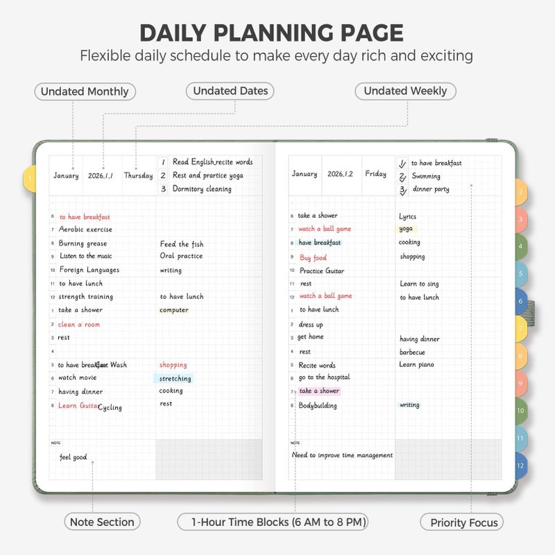 LOAPEM Daily Planner Undated, Appointment Book for Hourly, Daily and Monthly, 365 Days, One Page a Day, Medium Size (5.7" x 8.3"), Leather Hardcover, 12 Self-adhesive Monthly Tabs (Light Green) - Image 3