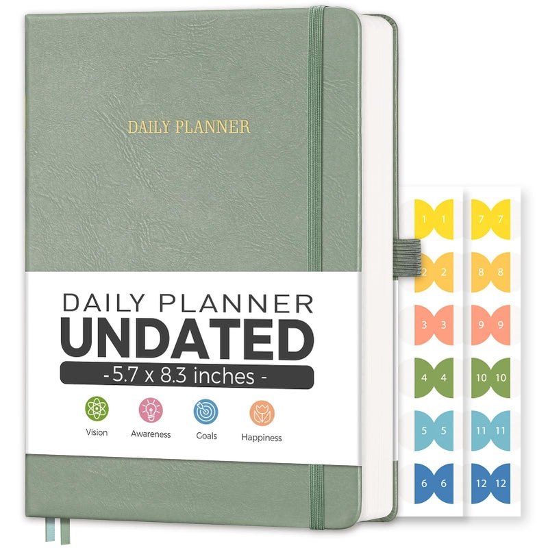 LOAPEM Daily Planner Undated, Appointment Book for Hourly, Daily and Monthly, 365 Days, One Page a Day, Medium Size (5.7" x 8.3"), Leather Hardcover, 12 Self-adhesive Monthly Tabs (Light Green) - Image 1