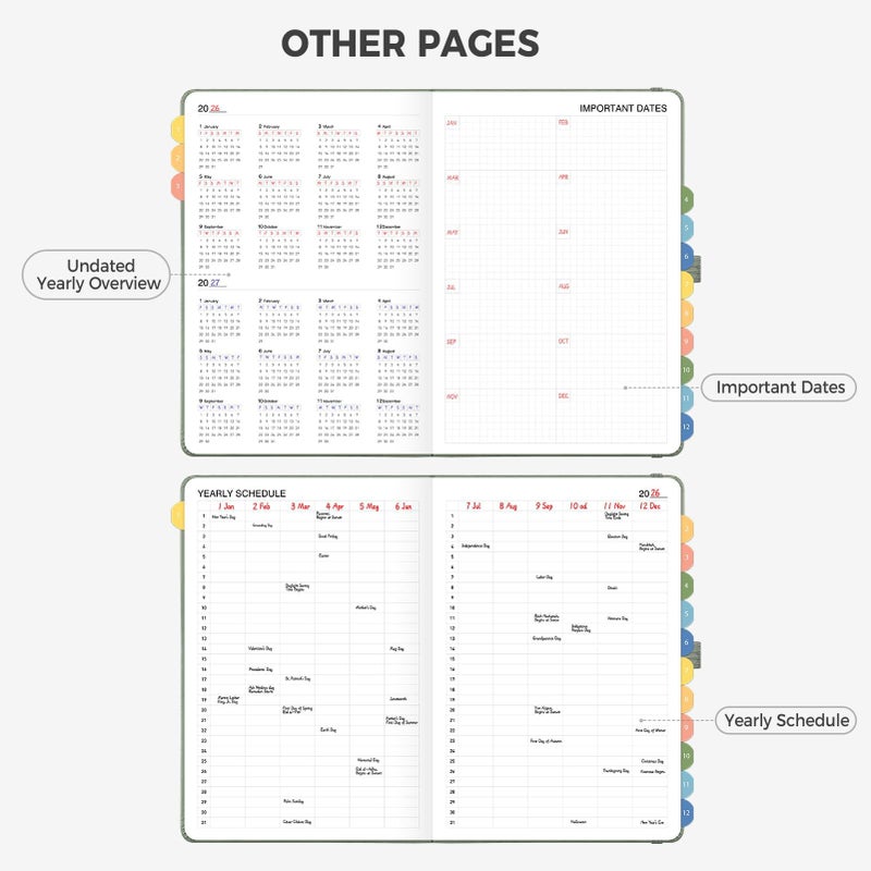 LOAPEM Daily Planner Undated, Appointment Book for Hourly, Daily and Monthly, 365 Days, One Page a Day, Medium Size (5.7" x 8.3"), Leather Hardcover, 12 Self-adhesive Monthly Tabs (Light Green) - Image 5