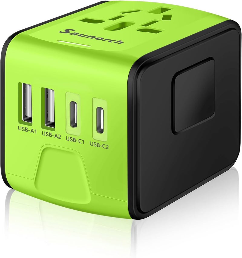SAUNORCH محول سفر عالمي، محول طاقة دولي عالمي مع 2.4A 2xUSB-A و 3.0A 2xType-C شاحن حائط، محول سفر أوروبي لأوروبا المملكة المتحدة الاتحاد الأوروبي الولايات المتحدة كندا أستراليا إيطاليا آسيا - أخضر - Image 1