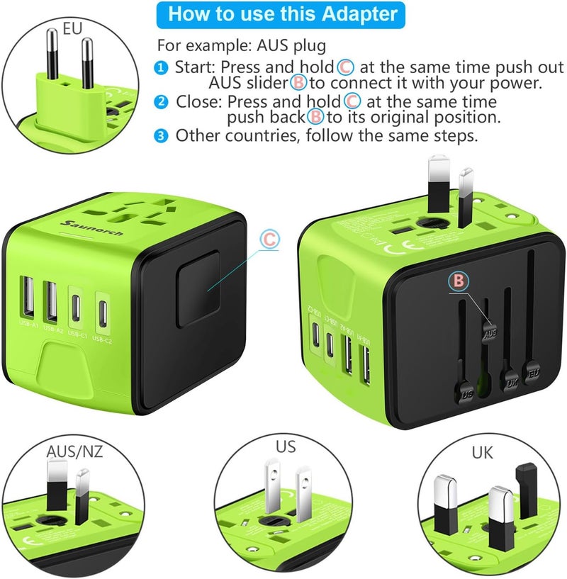 SAUNORCH محول سفر عالمي، محول طاقة دولي عالمي مع 2.4A 2xUSB-A و 3.0A 2xType-C شاحن حائط، محول سفر أوروبي لأوروبا المملكة المتحدة الاتحاد الأوروبي الولايات المتحدة كندا أستراليا إيطاليا آسيا - أخضر - Image 5
