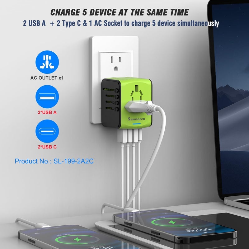 SAUNORCH محول سفر عالمي، محول طاقة دولي عالمي مع 2.4A 2xUSB-A و 3.0A 2xType-C شاحن حائط، محول سفر أوروبي لأوروبا المملكة المتحدة الاتحاد الأوروبي الولايات المتحدة كندا أستراليا إيطاليا آسيا - أخضر - Image 2