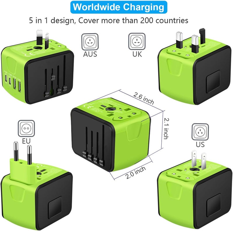 SAUNORCH محول سفر عالمي، محول طاقة دولي عالمي مع 2.4A 2xUSB-A و 3.0A 2xType-C شاحن حائط، محول سفر أوروبي لأوروبا المملكة المتحدة الاتحاد الأوروبي الولايات المتحدة كندا أستراليا إيطاليا آسيا - أخضر - Image 3