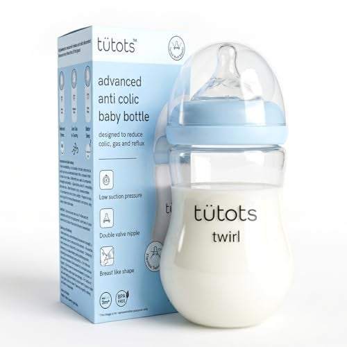 tütots Baby Feeding Bottle | AntiColic Wide Neck| BPA Free | Baby Feeding Bottle with Turbo Vent Nipple | 250 ml | Twirl Series (Blue, 250 ml) - Image 1