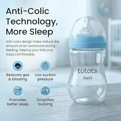 tütots Baby Feeding Bottle | AntiColic Wide Neck| BPA Free | Baby Feeding Bottle with Turbo Vent Nipple | 250 ml | Twirl Series (Blue, 250 ml) - Image 5