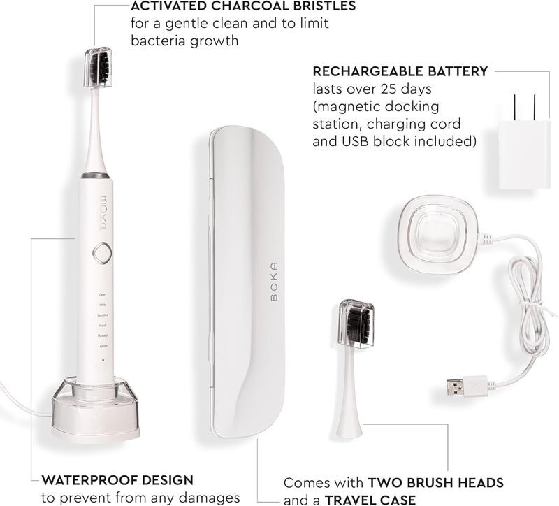 BOKA Boka 30 Electric Toothbrush for Adults w 2 Heads  Rechargeable Sonic Powered Tooth Brush  Charcoal Activated Bristles for Deep Cleaning  Dentist Recommended Oral Care  Charging Base wMicro USB - Image 2