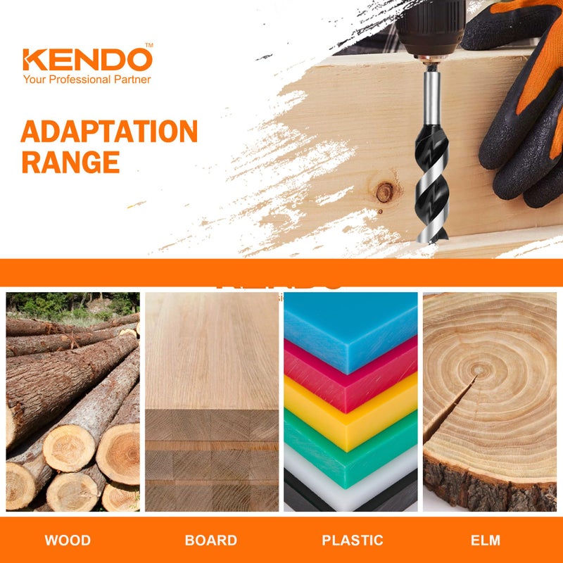 KENDO 9Pcs Auger Drill Bit for Wood Set, 2 Flute Impact Wood Drill Bit with Quick Change Hex Shank, Including 1/4", 5/16", 3/8", 1/2", 5/8", 3/4", 7/8", 1" and 1-1/4" Size for Hardwood and Softwood - Image 4